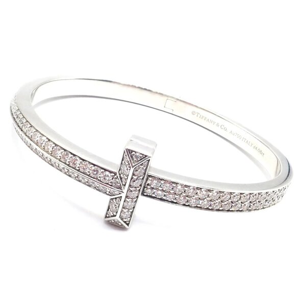 Authentic! Tiffany & Co 18k White Gold Diamond T1 Wide Hinged Bangle Bracelet - Picture 11 of 13